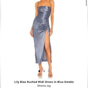 Shona Joy Lily Bias Ruched Midi Dress in Blue Smoke